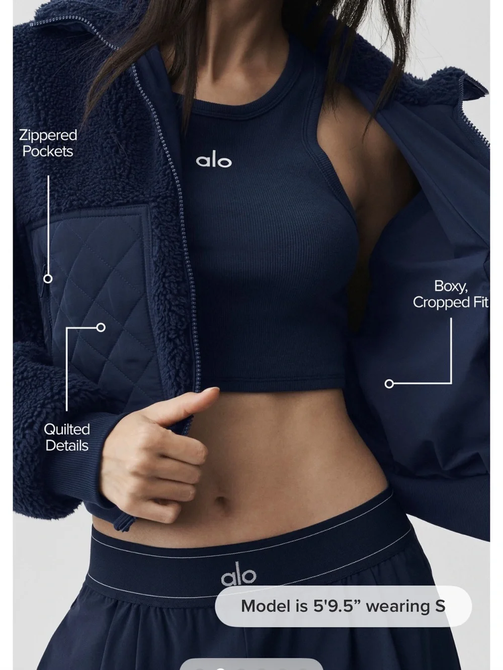 ALO Yoga Navy Sherpa Edge Bomber Zip Jacket Navy Small